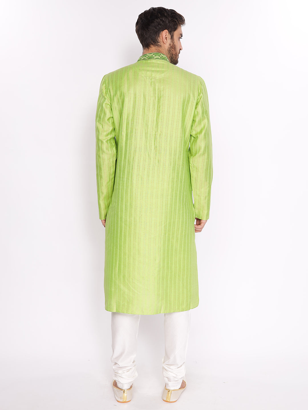 Full Sleeve Embroidered::Striped Kurta and Pyjama Set in Green Cotton Blend