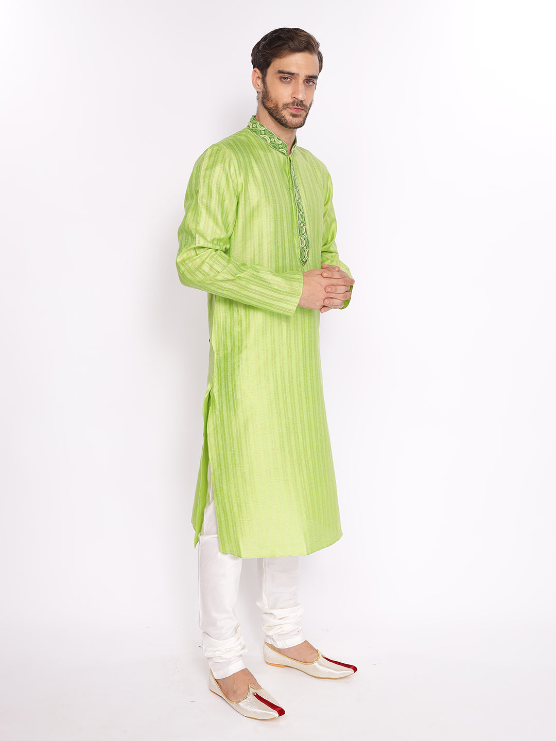 Full Sleeve Embroidered::Striped Kurta and Pyjama Set in Green Cotton Blend