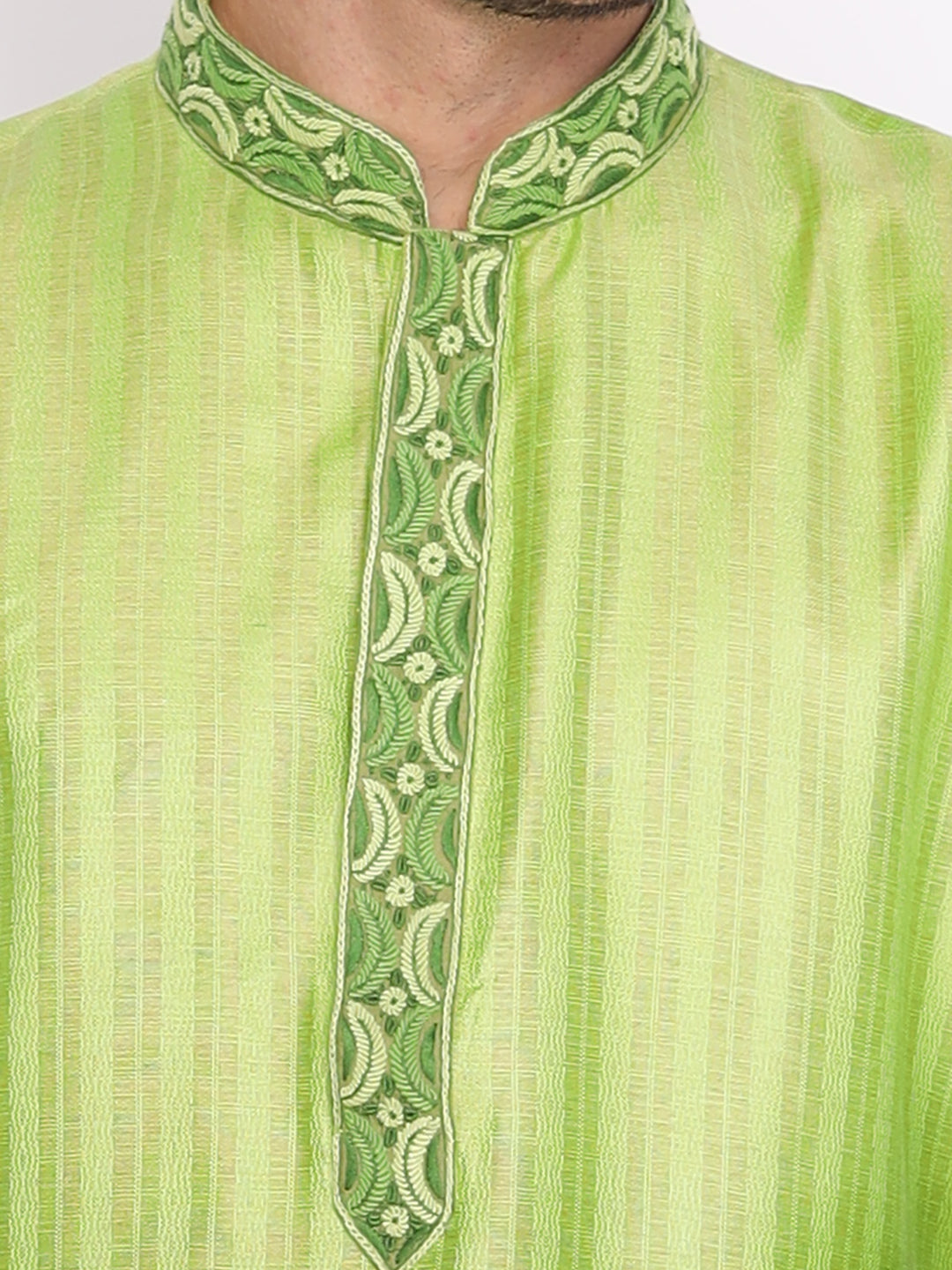 Full Sleeve Embroidered::Striped Kurta and Pyjama Set in Green Cotton Blend