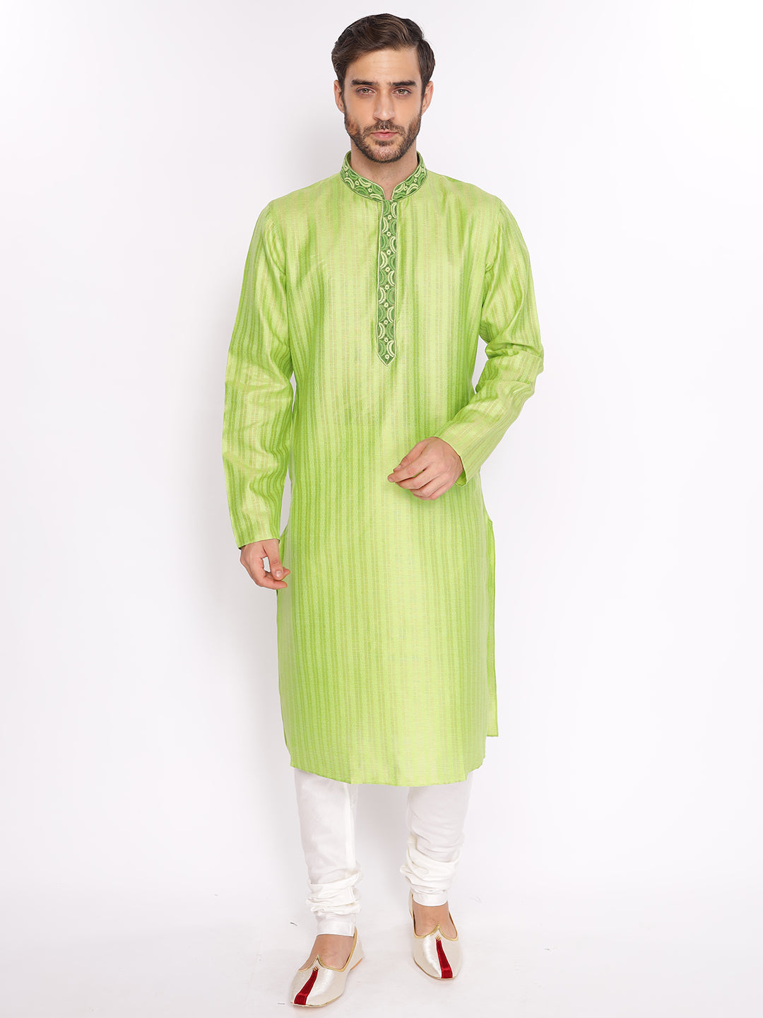 Full Sleeve Embroidered::Striped Kurta and Pyjama Set in Green Cotton Blend