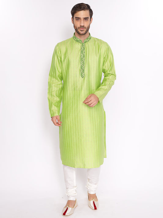 Full Sleeve Embroidered::Striped Kurta and Pyjama Set in Green Cotton Blend