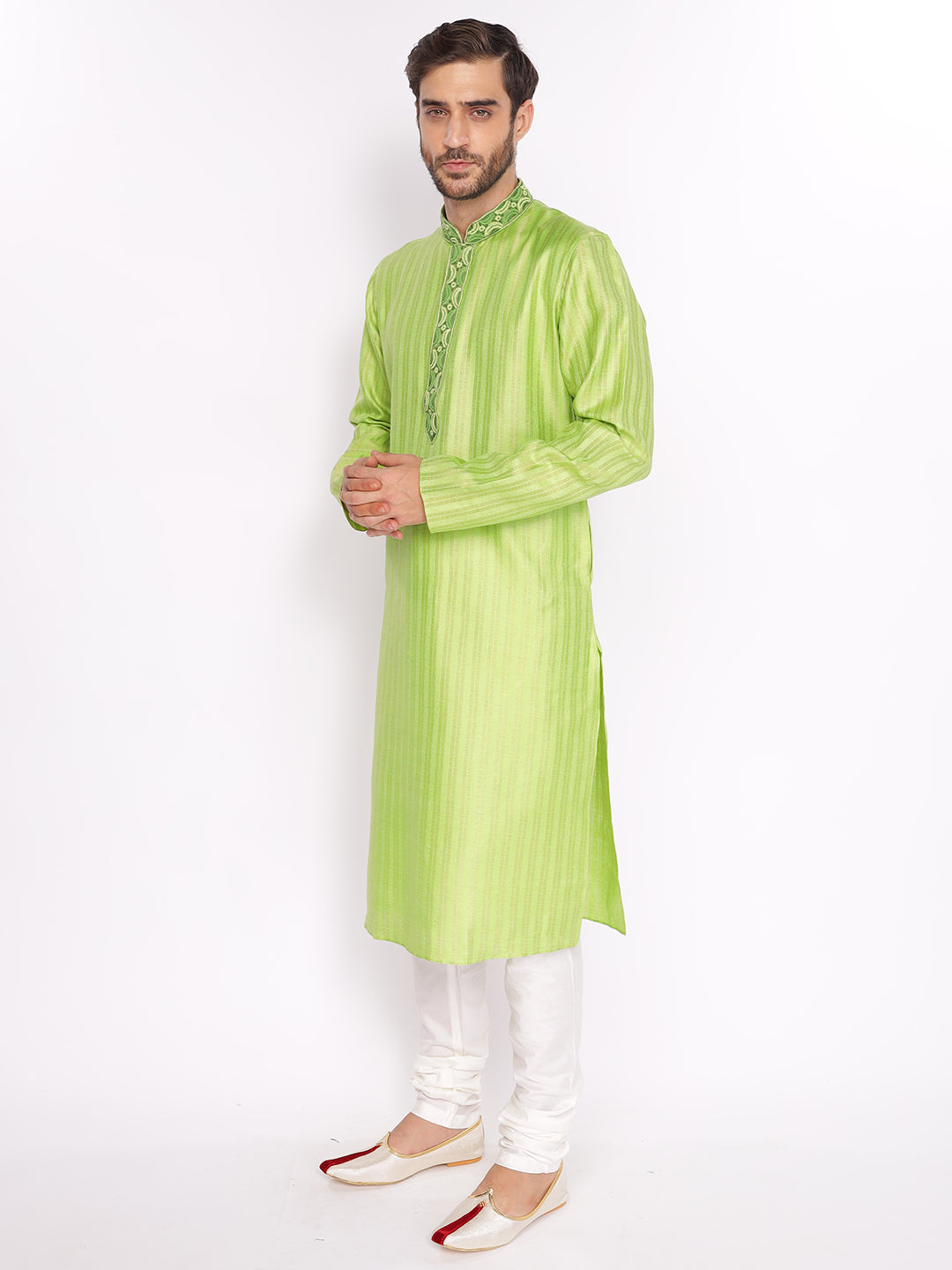 Full Sleeve Embroidered::Striped Kurta and Pyjama Set in Green Cotton Blend
