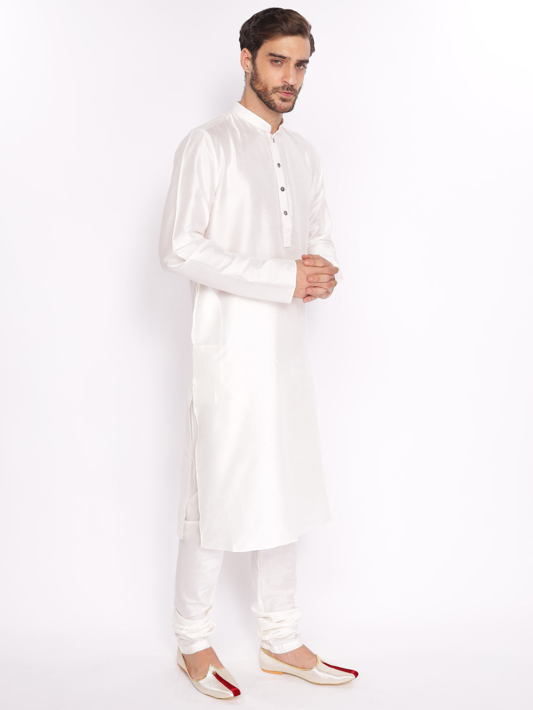 Full Sleeve Solid Kurta and Pyjama Set in White Cotton Blend
