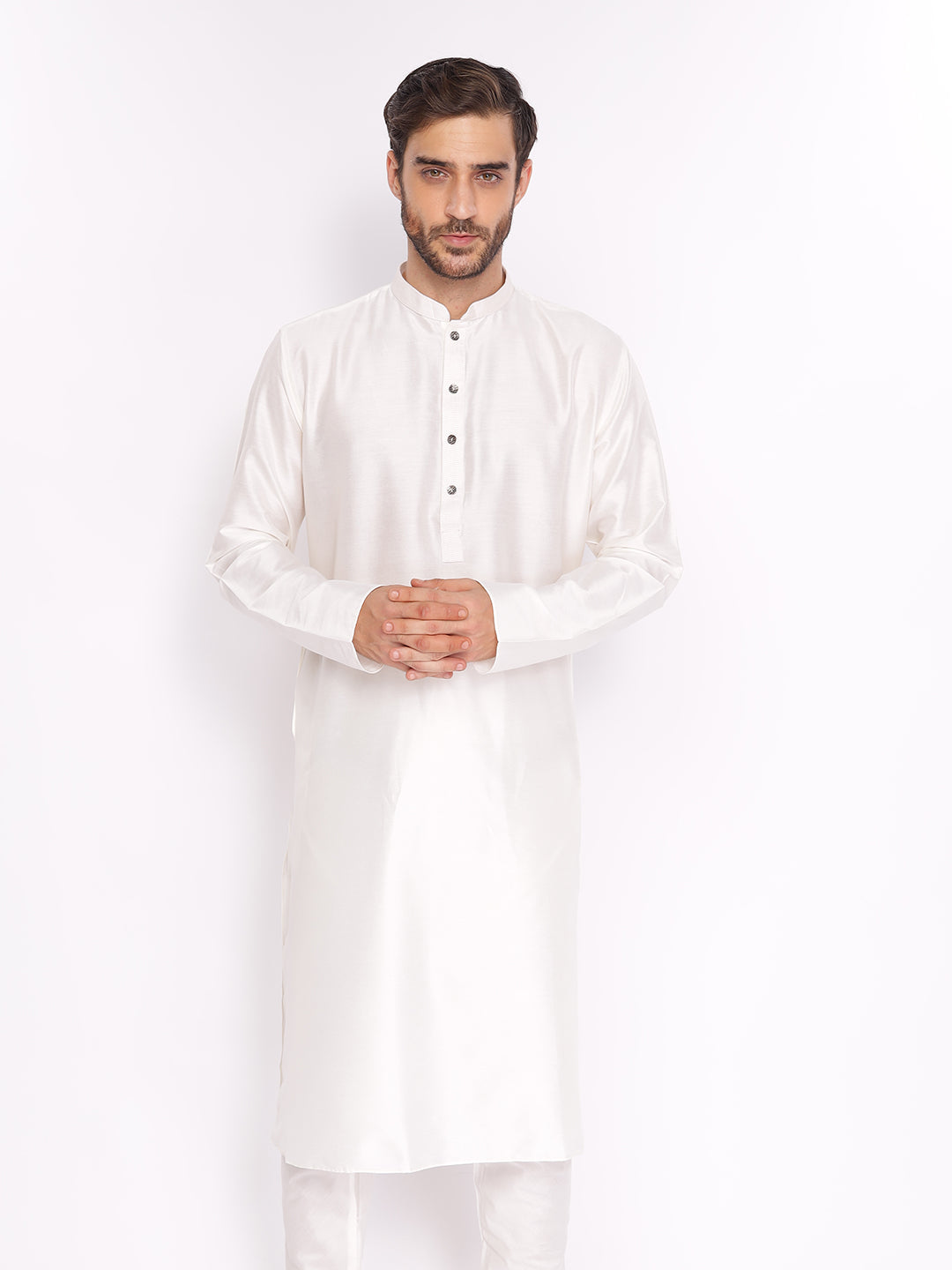 Full Sleeve Solid Kurta and Pyjama Set in White Cotton Blend