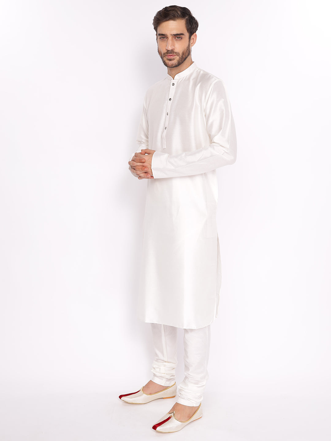 Full Sleeve Solid Kurta and Pyjama Set in White Cotton Blend