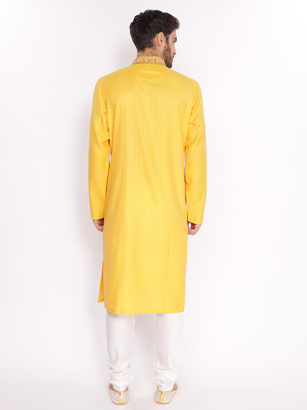 Full Sleeve Self Design Kurta and Pyjama Set in Yellow Pure Cotton