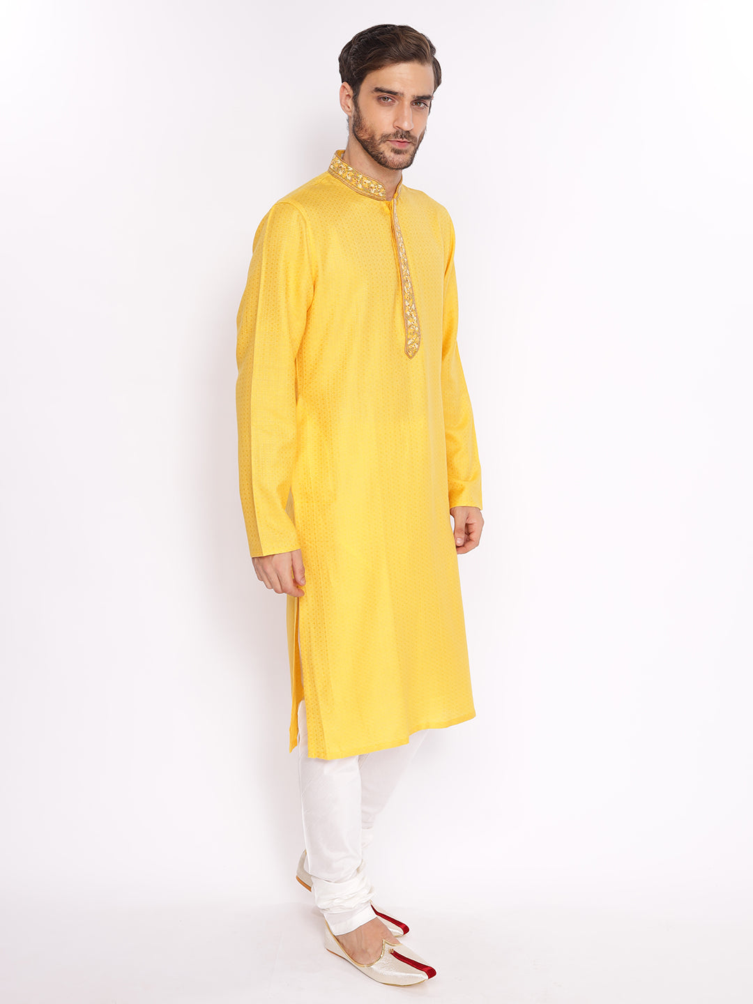Full Sleeve Self Design Kurta and Pyjama Set in Yellow Pure Cotton