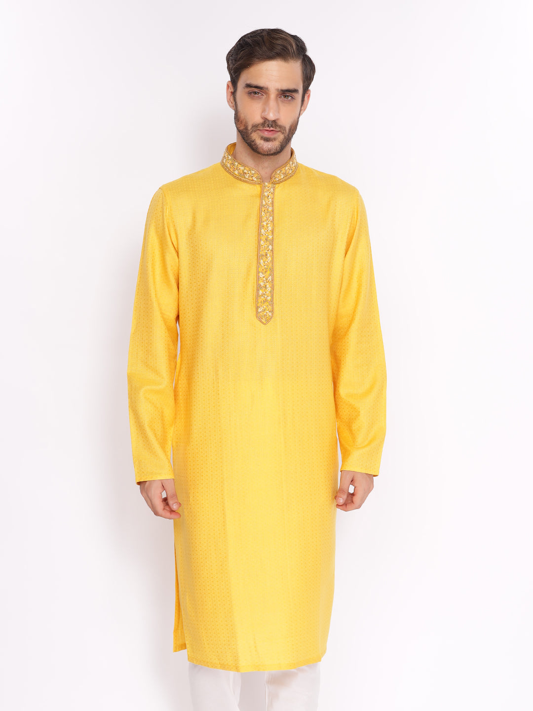 Full Sleeve Self Design Kurta and Pyjama Set in Yellow Pure Cotton