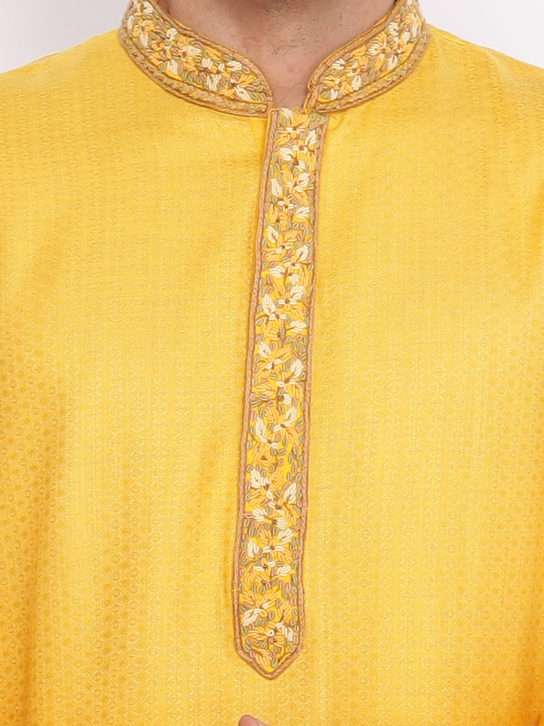 Full Sleeve Self Design Kurta and Pyjama Set in Yellow Pure Cotton
