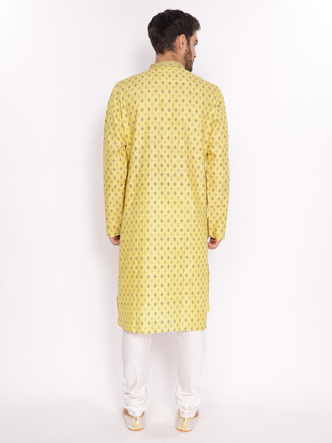 Full Sleeve Embroidered::Printed Kurta and Pyjama Set in Yellow Cotton Blend