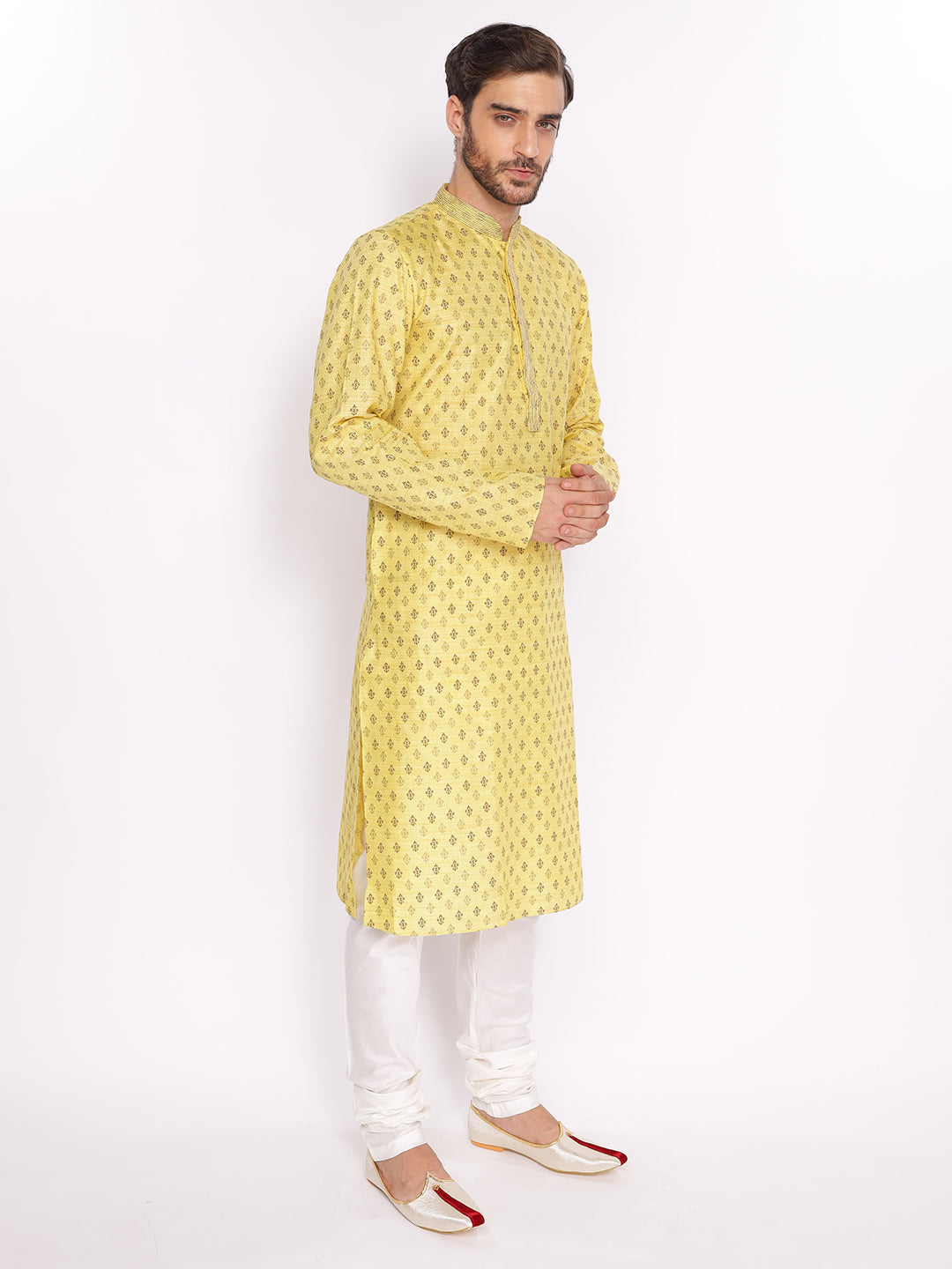 Full Sleeve Embroidered::Printed Kurta and Pyjama Set in Yellow Cotton Blend