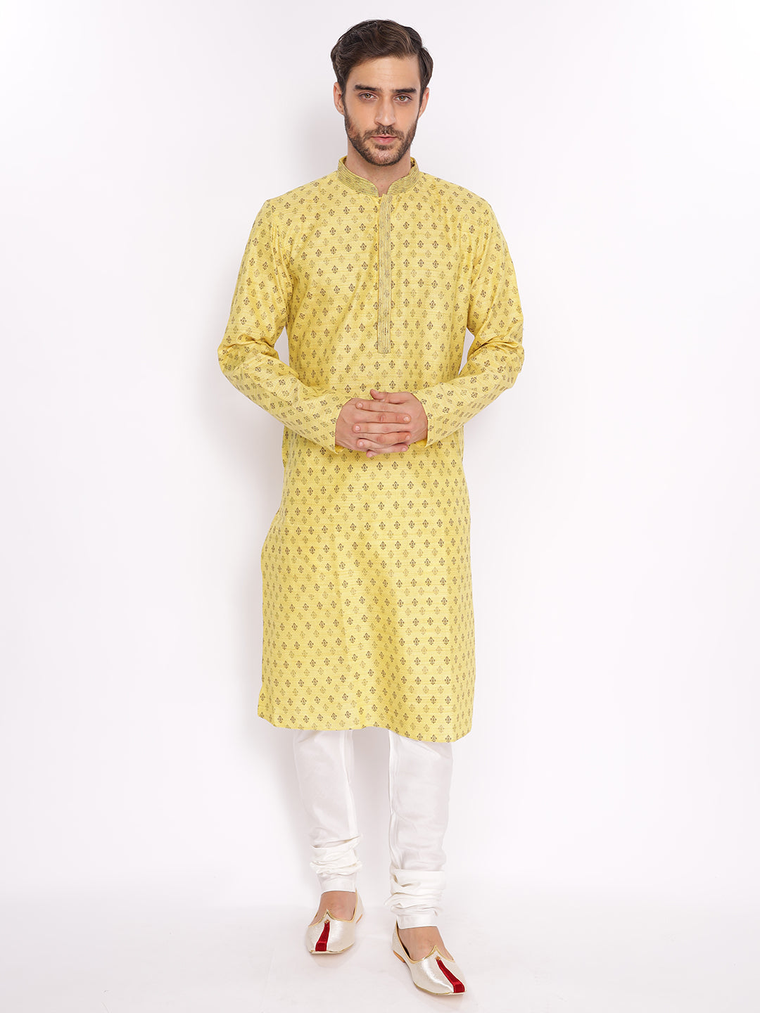 Full Sleeve Embroidered::Printed Kurta and Pyjama Set in Yellow Cotton Blend