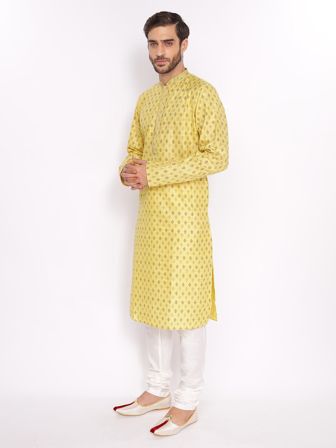 Full Sleeve Embroidered::Printed Kurta and Pyjama Set in Yellow Cotton Blend