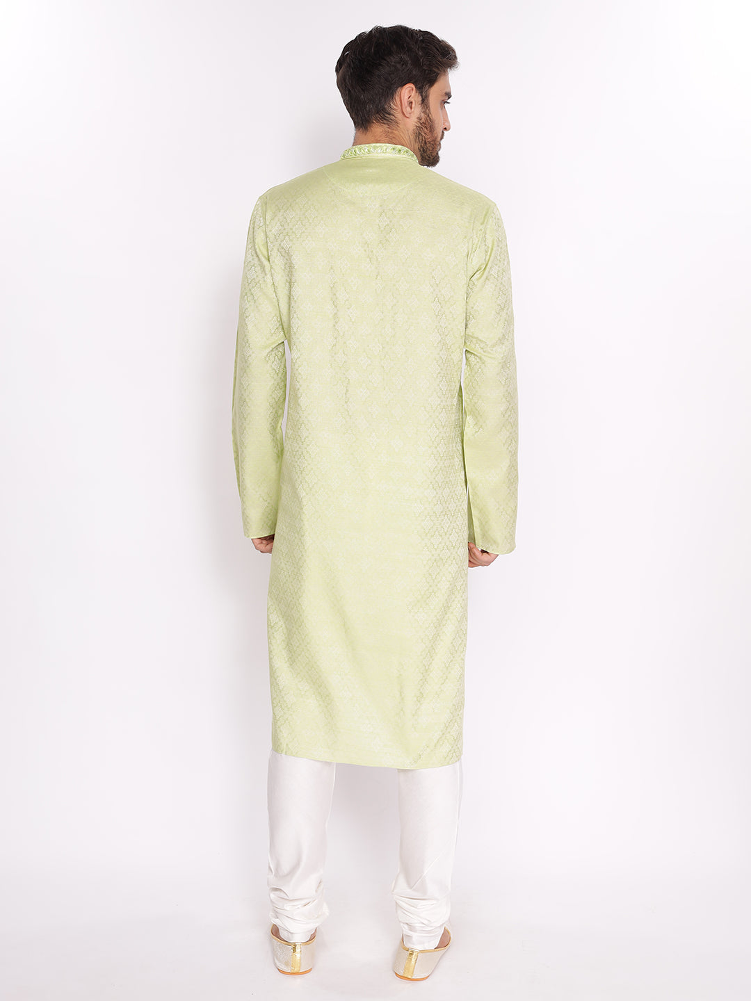 Full Sleeve Embroidered Kurta and Pyjama Set in Green Silk Blend