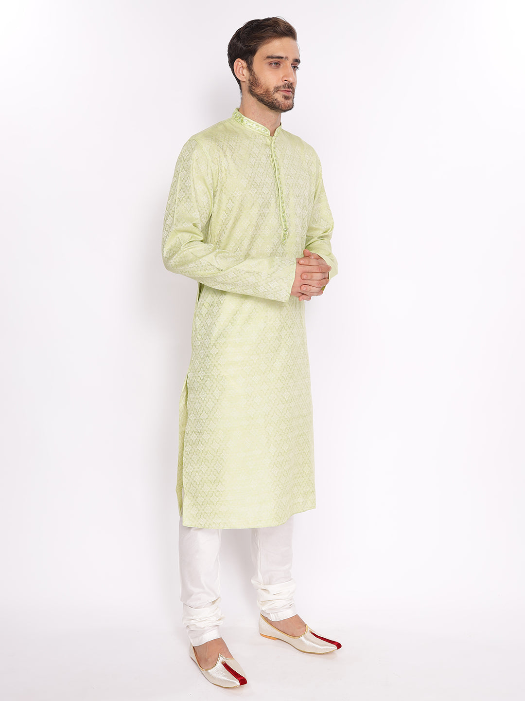 Full Sleeve Embroidered Kurta and Pyjama Set in Green Silk Blend