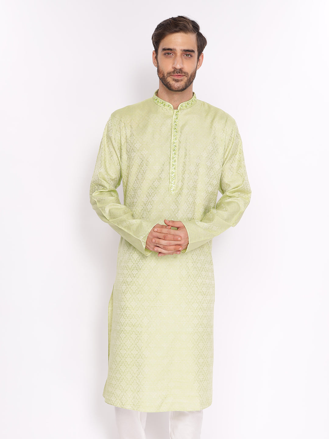 Full Sleeve Embroidered Kurta and Pyjama Set in Green Silk Blend