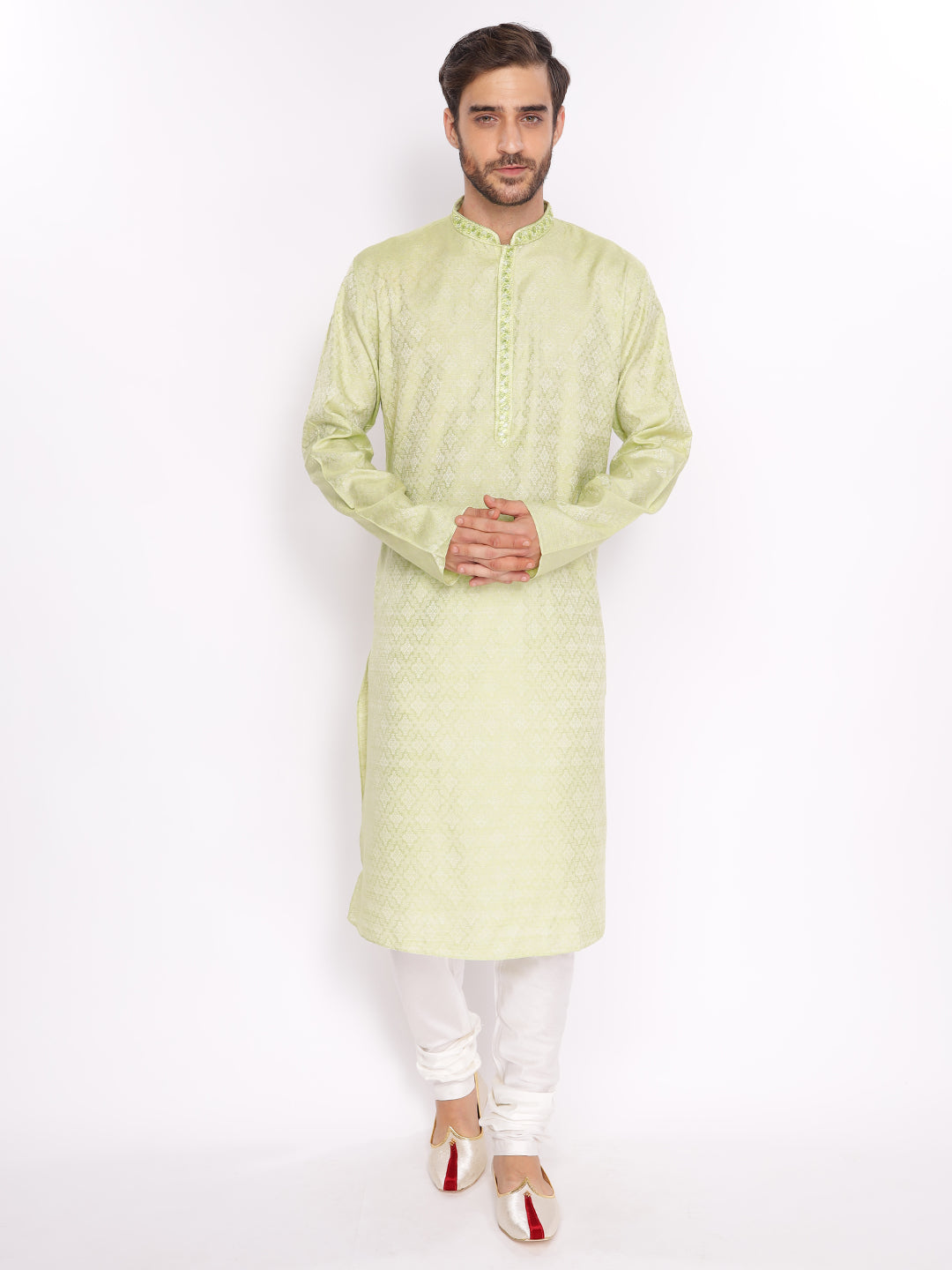 Full Sleeve Embroidered Kurta and Pyjama Set in Green Silk Blend
