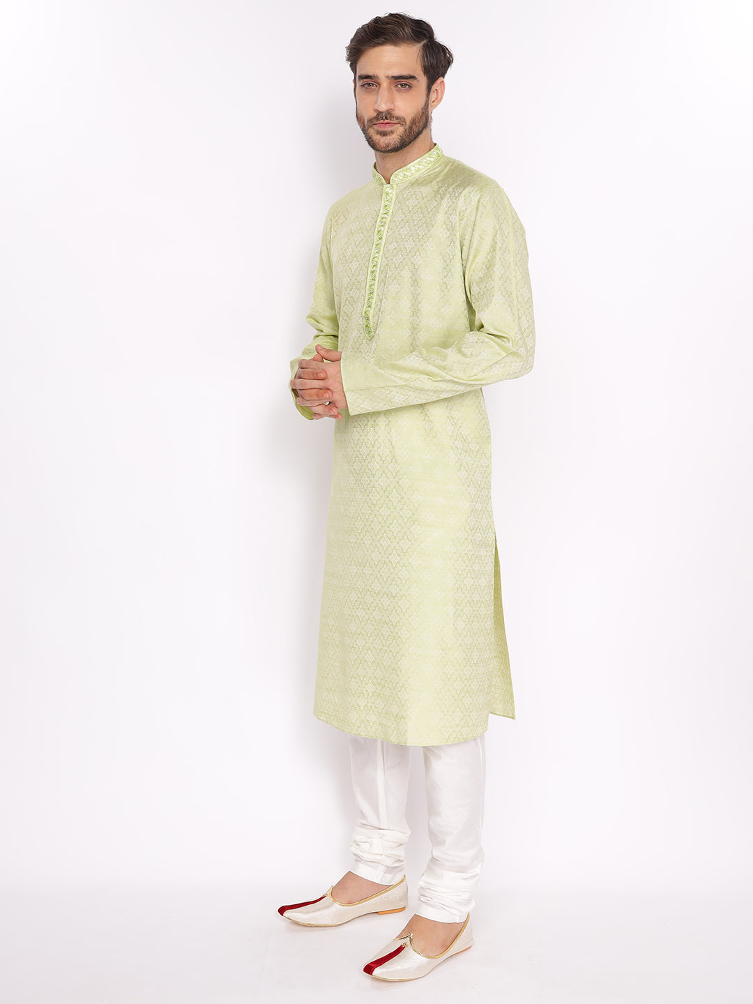 Full Sleeve Embroidered Kurta and Pyjama Set in Green Silk Blend