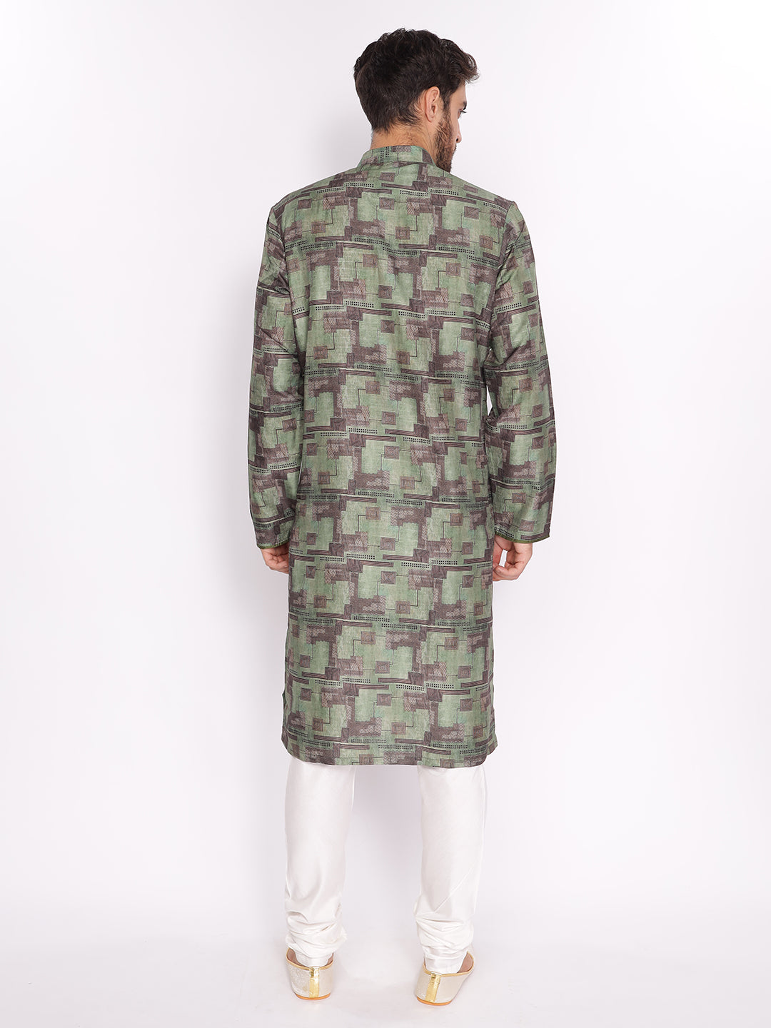 Full Sleeve Printed Kurta and Pyjama Set in Green Cotton Blend