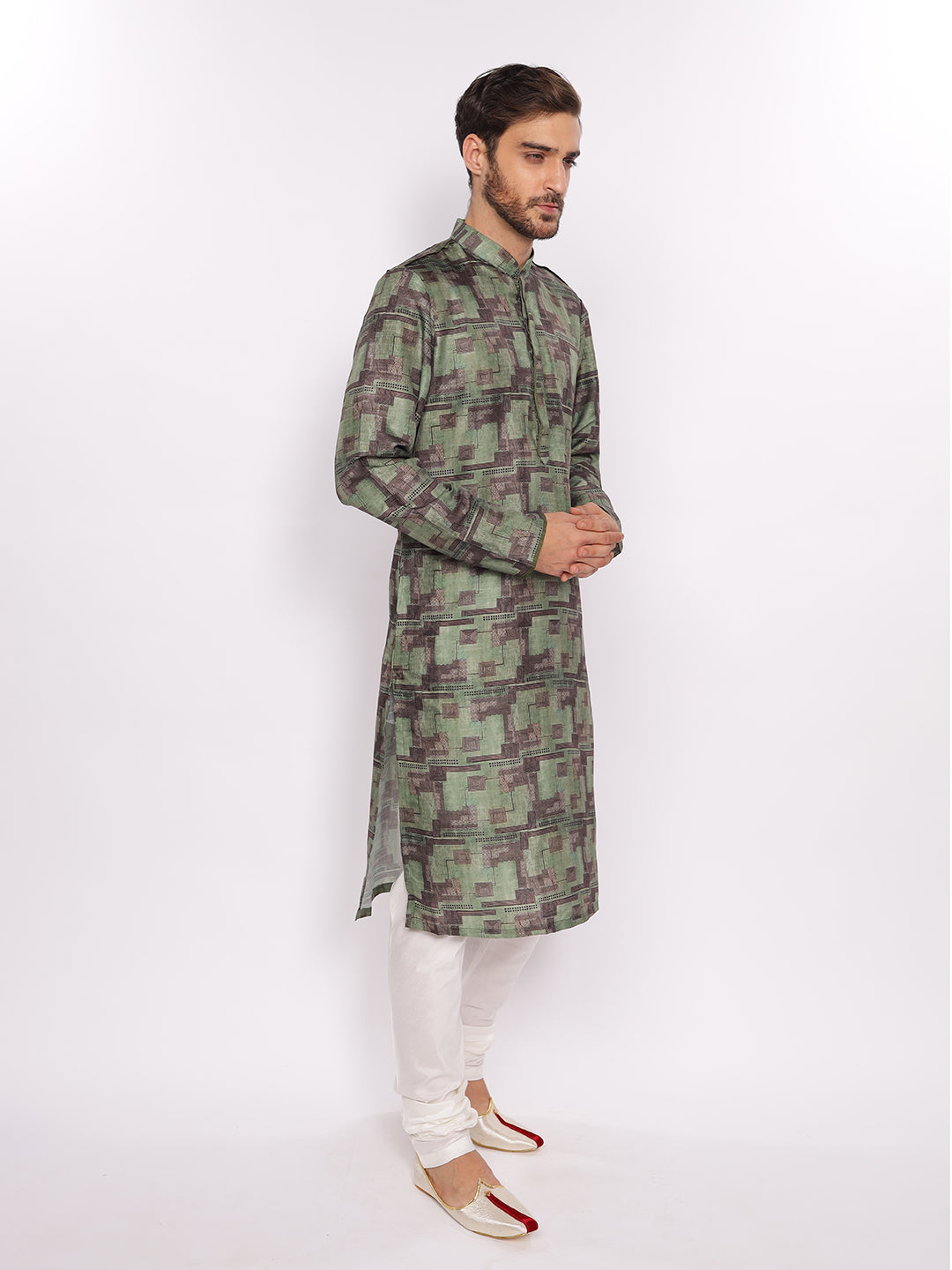Full Sleeve Printed Kurta and Pyjama Set in Green Cotton Blend