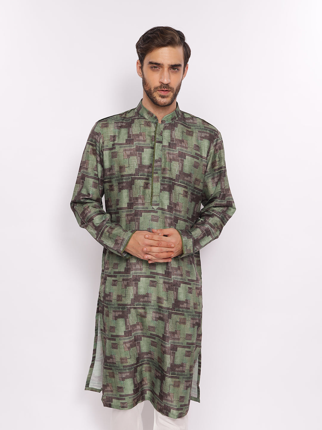 Full Sleeve Printed Kurta and Pyjama Set in Green Cotton Blend