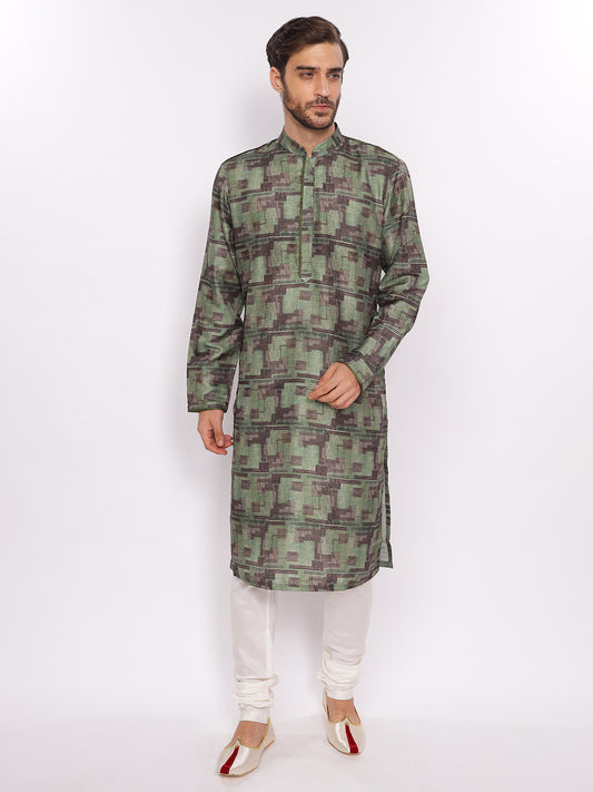 Full Sleeve Printed Kurta and Pyjama Set in Green Cotton Blend