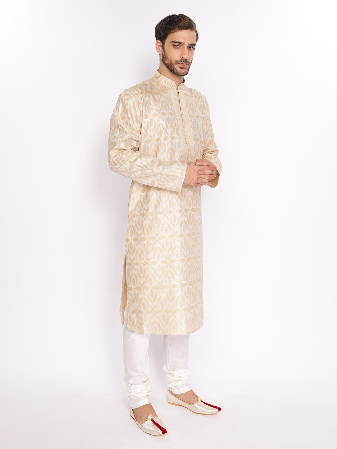 Full Sleeve Printed Kurta and Pyjama Set in Beige Pure Cotton