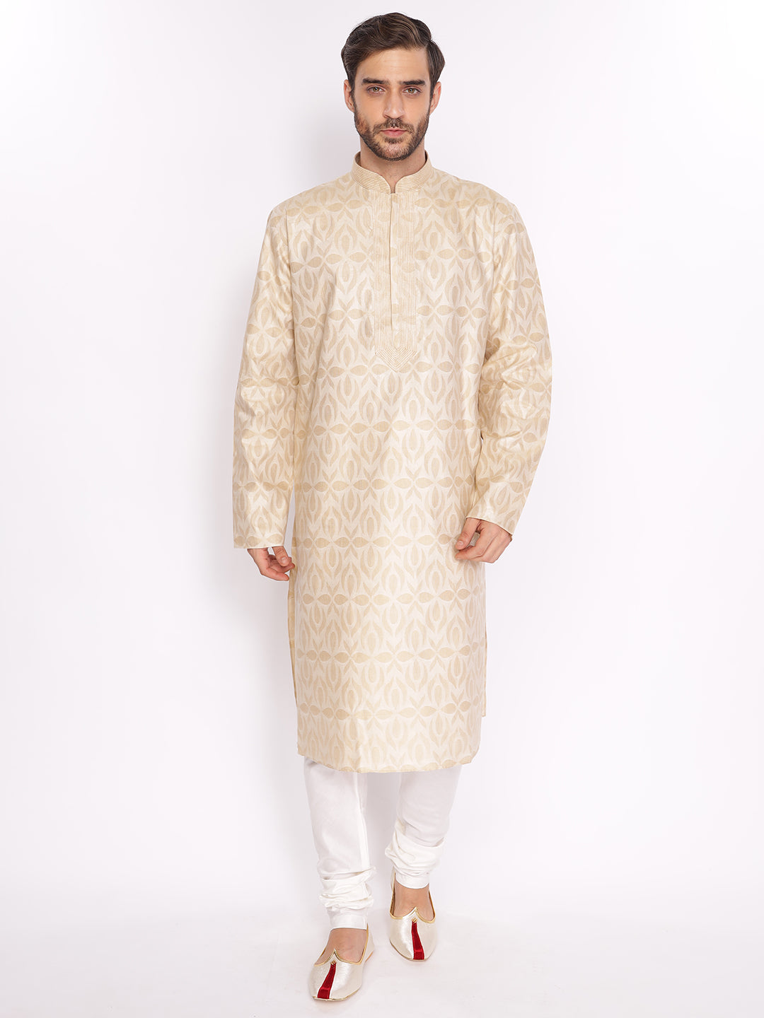 Full Sleeve Printed Kurta and Pyjama Set in Beige Pure Cotton