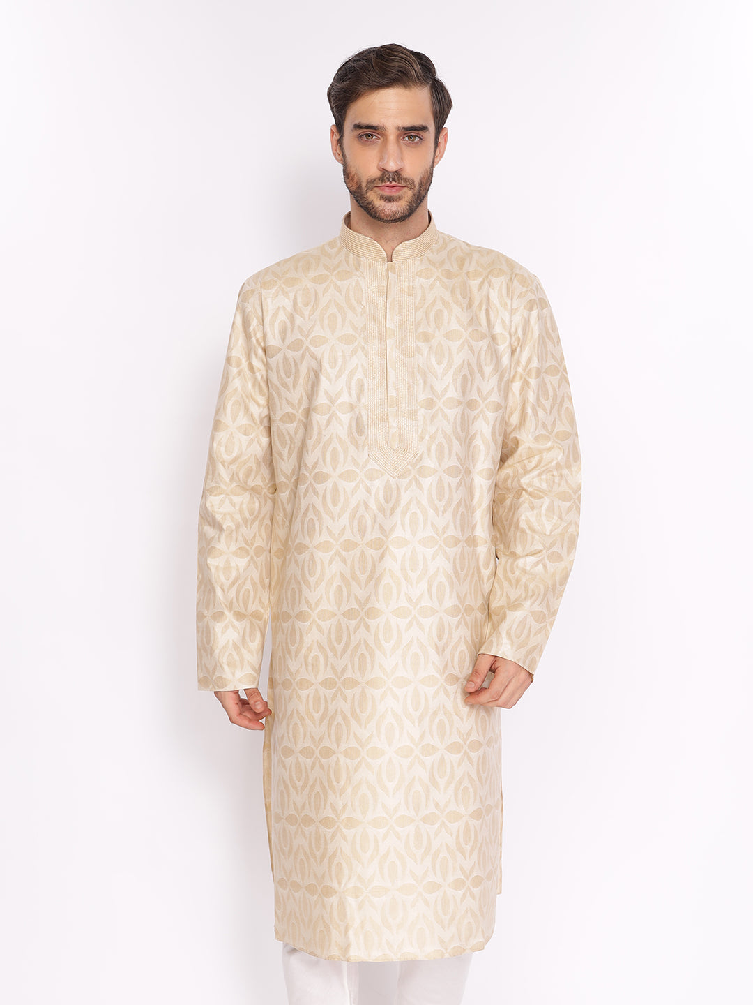 Full Sleeve Printed Kurta and Pyjama Set in Beige Pure Cotton