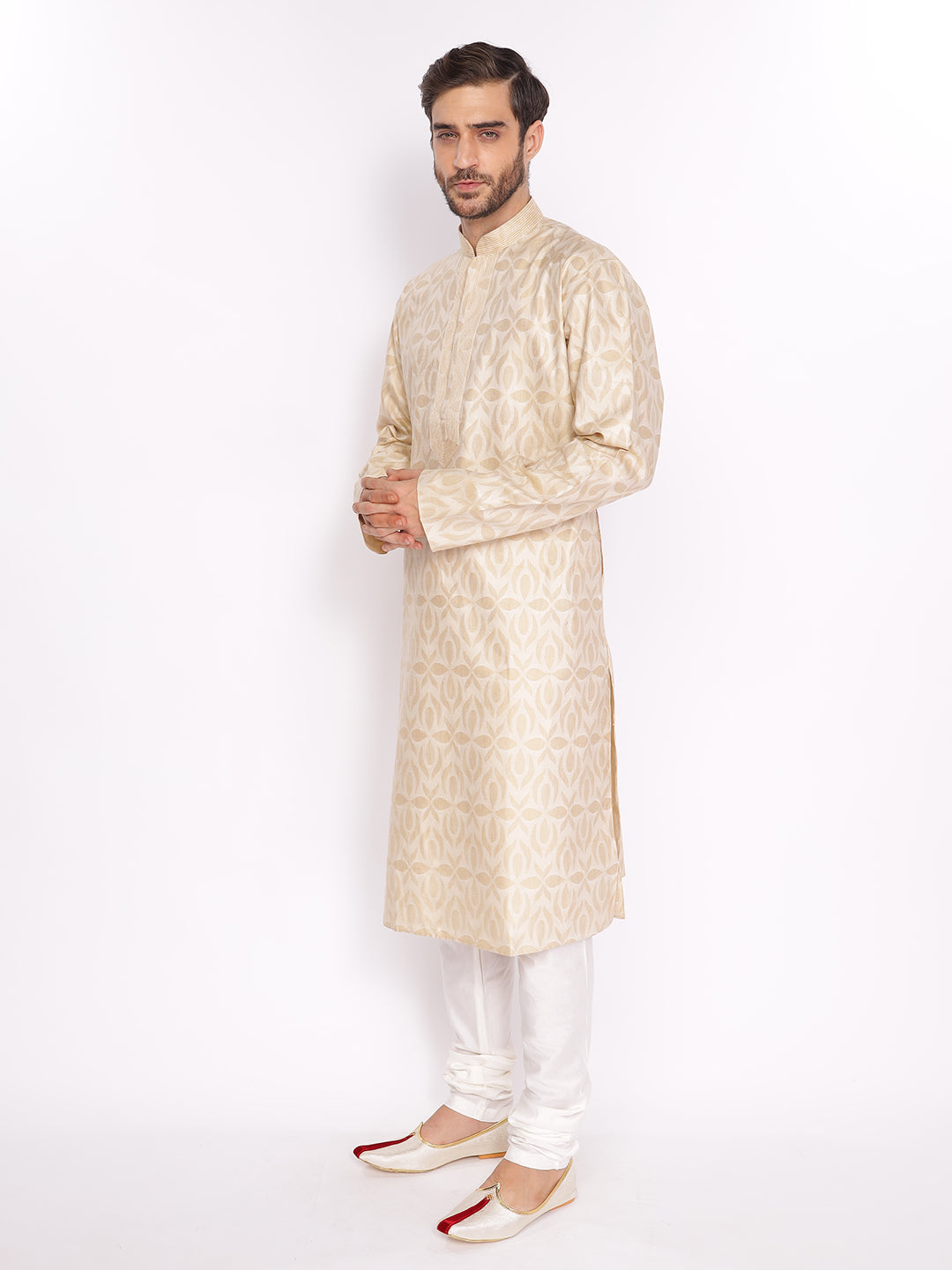 Full Sleeve Printed Kurta and Pyjama Set in Beige Pure Cotton