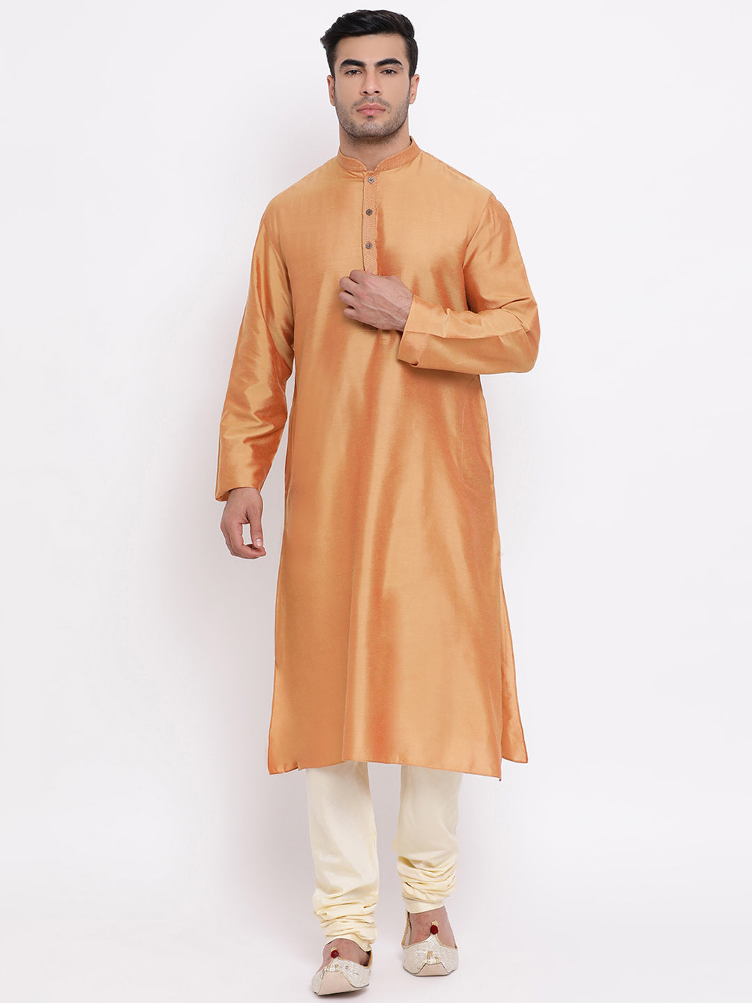 Full Sleeve Solid Kurta and Churidar Set in Gold Silk Blend