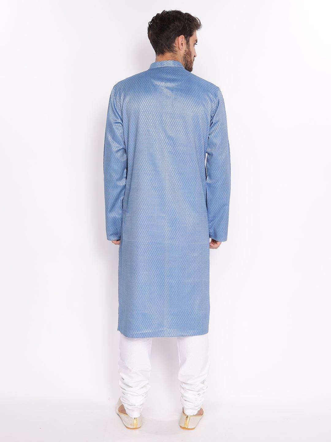 Full Sleeve Self Design Kurta and Pyjama Set in Blue Cotton Blend