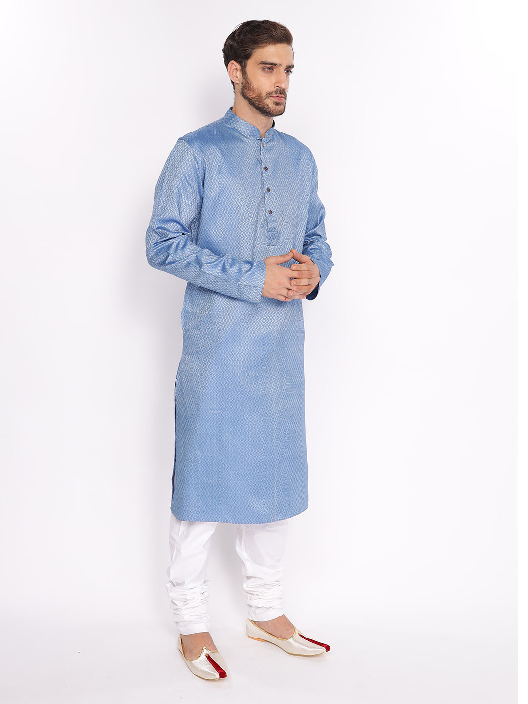 Full Sleeve Self Design Kurta and Pyjama Set in Blue Cotton Blend