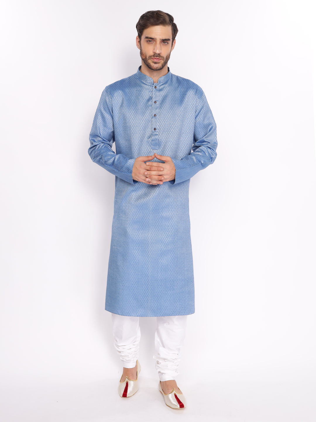 Full Sleeve Self Design Kurta and Pyjama Set in Blue Cotton Blend