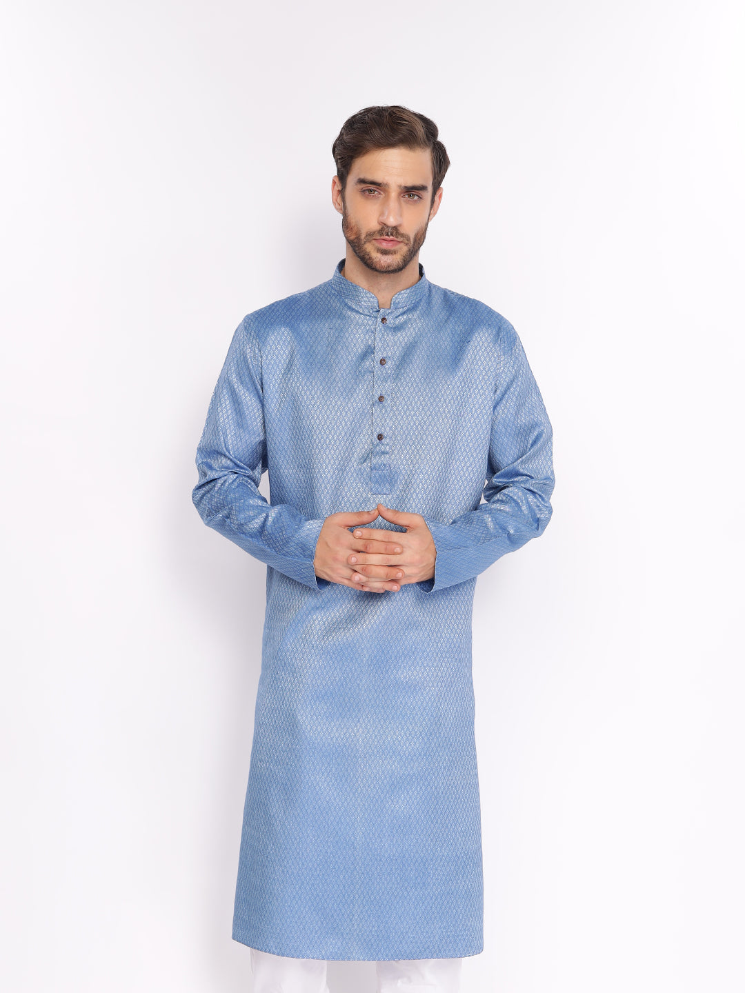 Full Sleeve Self Design Kurta and Pyjama Set in Blue Cotton Blend
