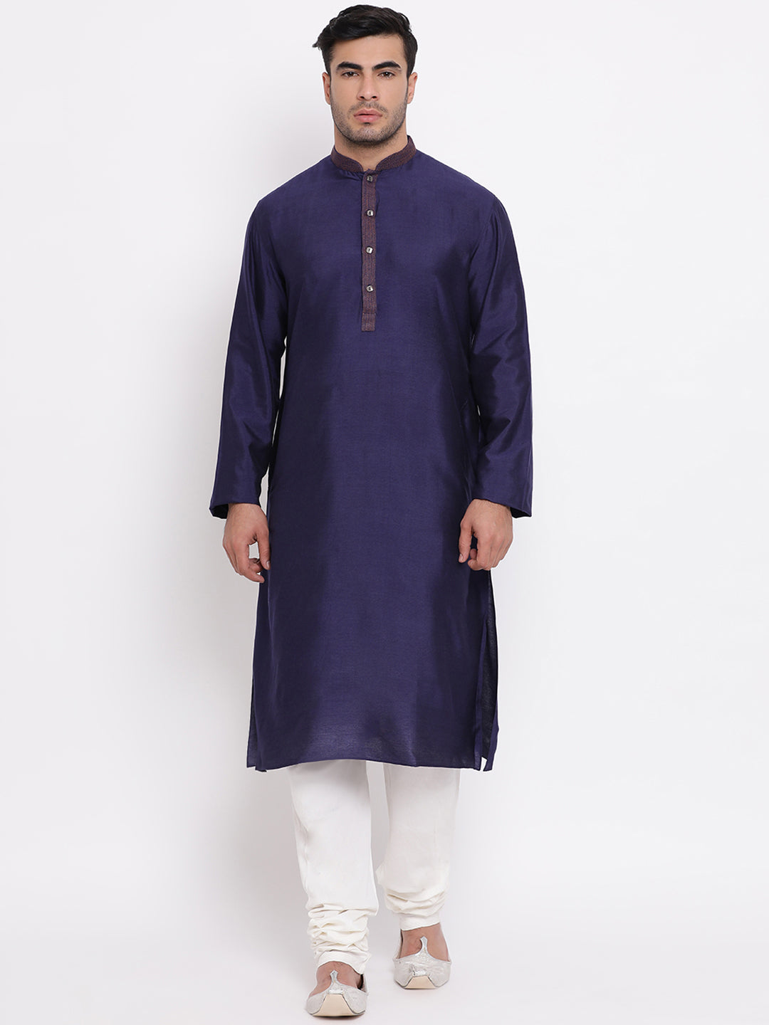 Full Sleeve Solid Kurta and Churidar Set in Blue Silk Blend