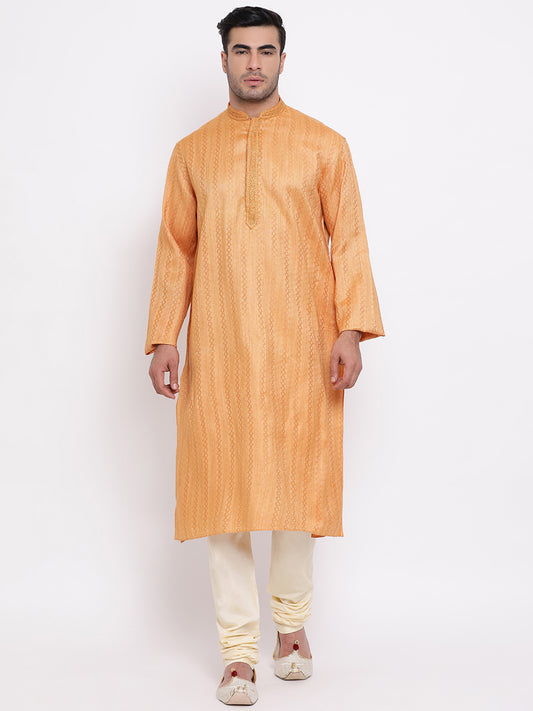 Full Sleeve Embroidered Kurta and Churidar Set in Orange Cotton Blend