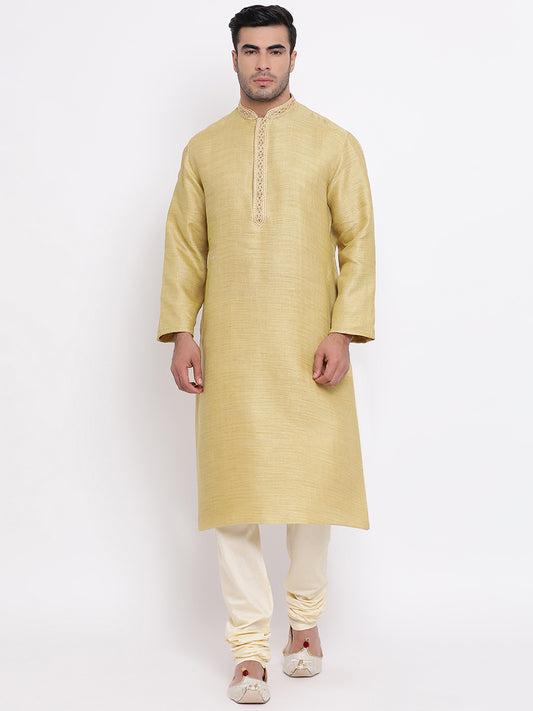Full Sleeve Embroidered Kurta and Churidar Set in Yellow Cotton Blend