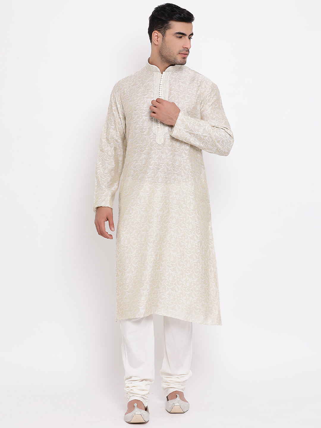 Full Sleeve Polka Print Kurta and Churidar Set in White Jacquard