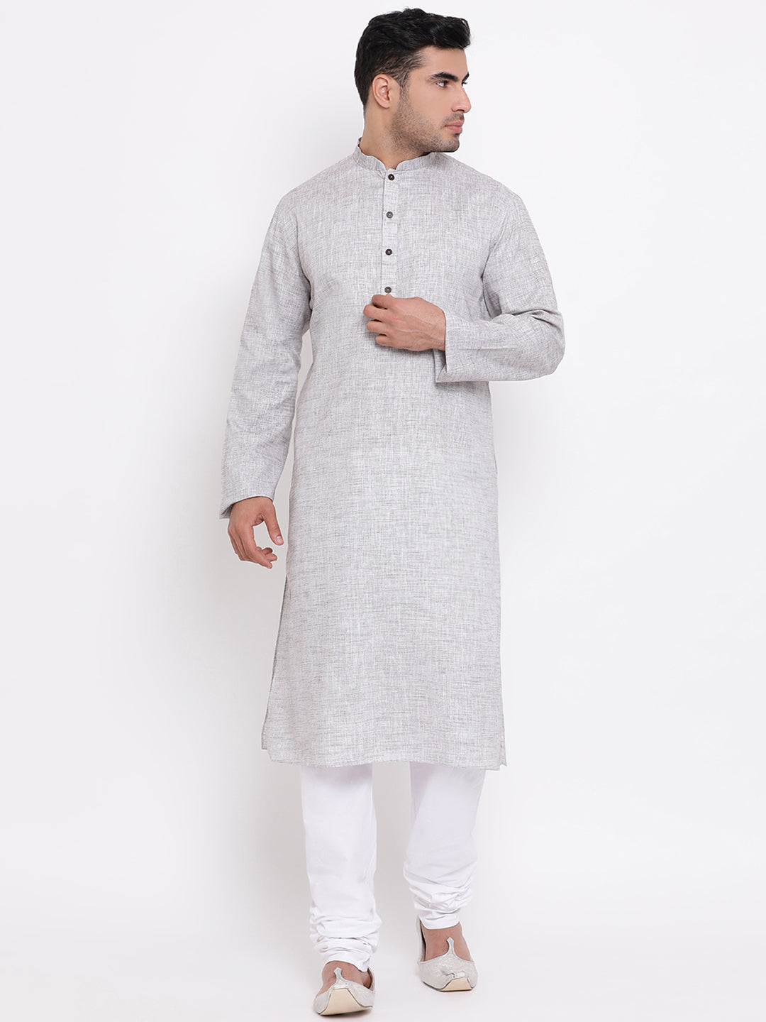 Full Sleeve Solid Kurta and Churidar Set in White Pure Cotton