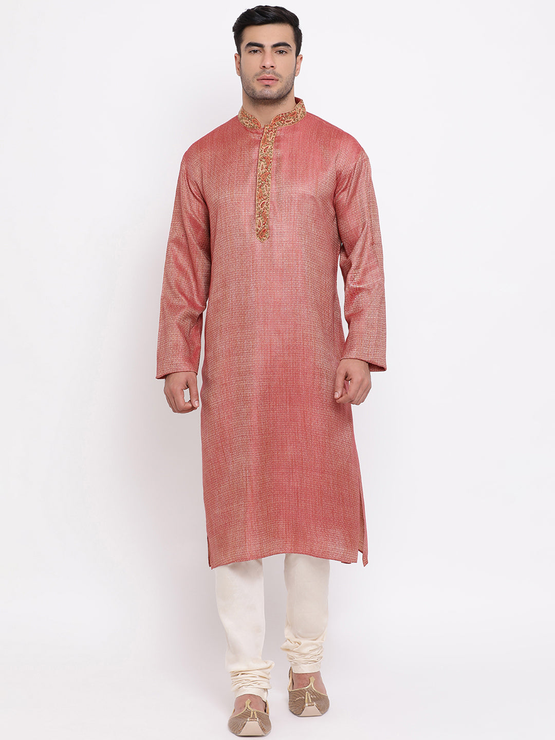 Full Sleeve Embroidered Kurta and Churidar Set in Red Cotton Blend