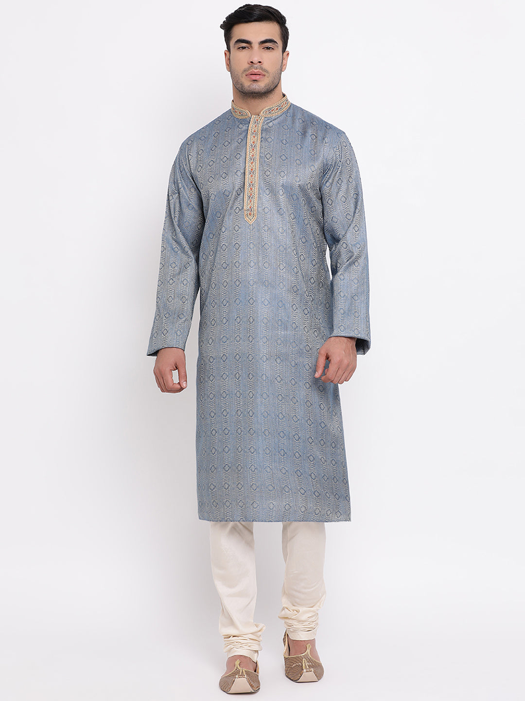 Full Sleeve Embroidered Kurta and Churidar Set in Blue Cotton Blend