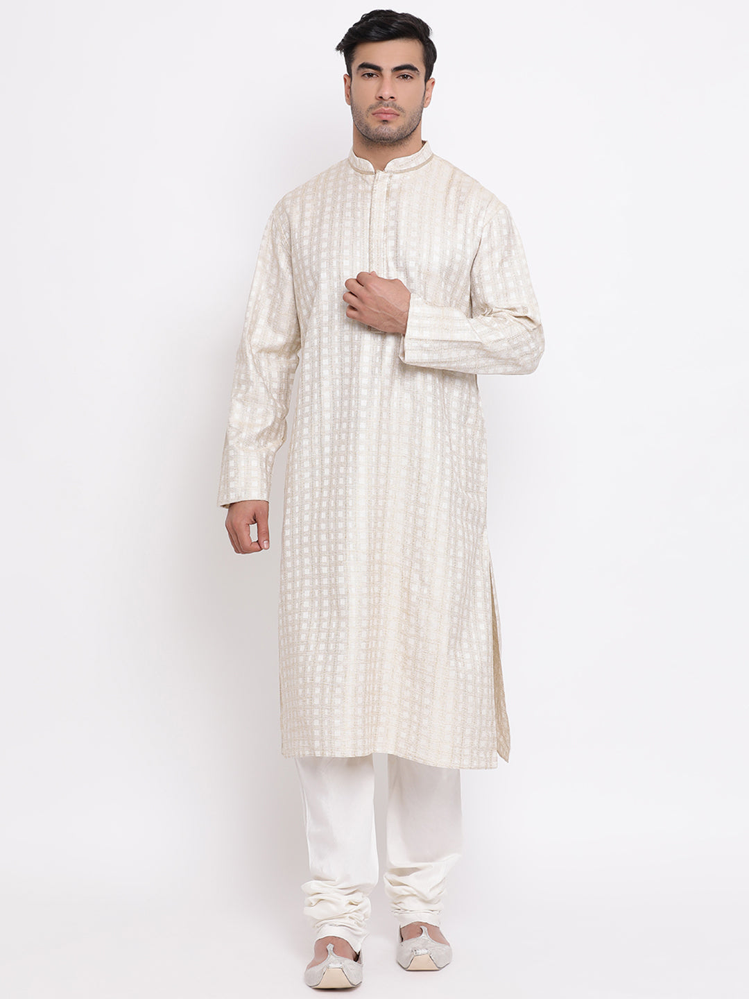 Full Sleeve Woven Kurta and Churidar Set in Beige Khadi Cotton