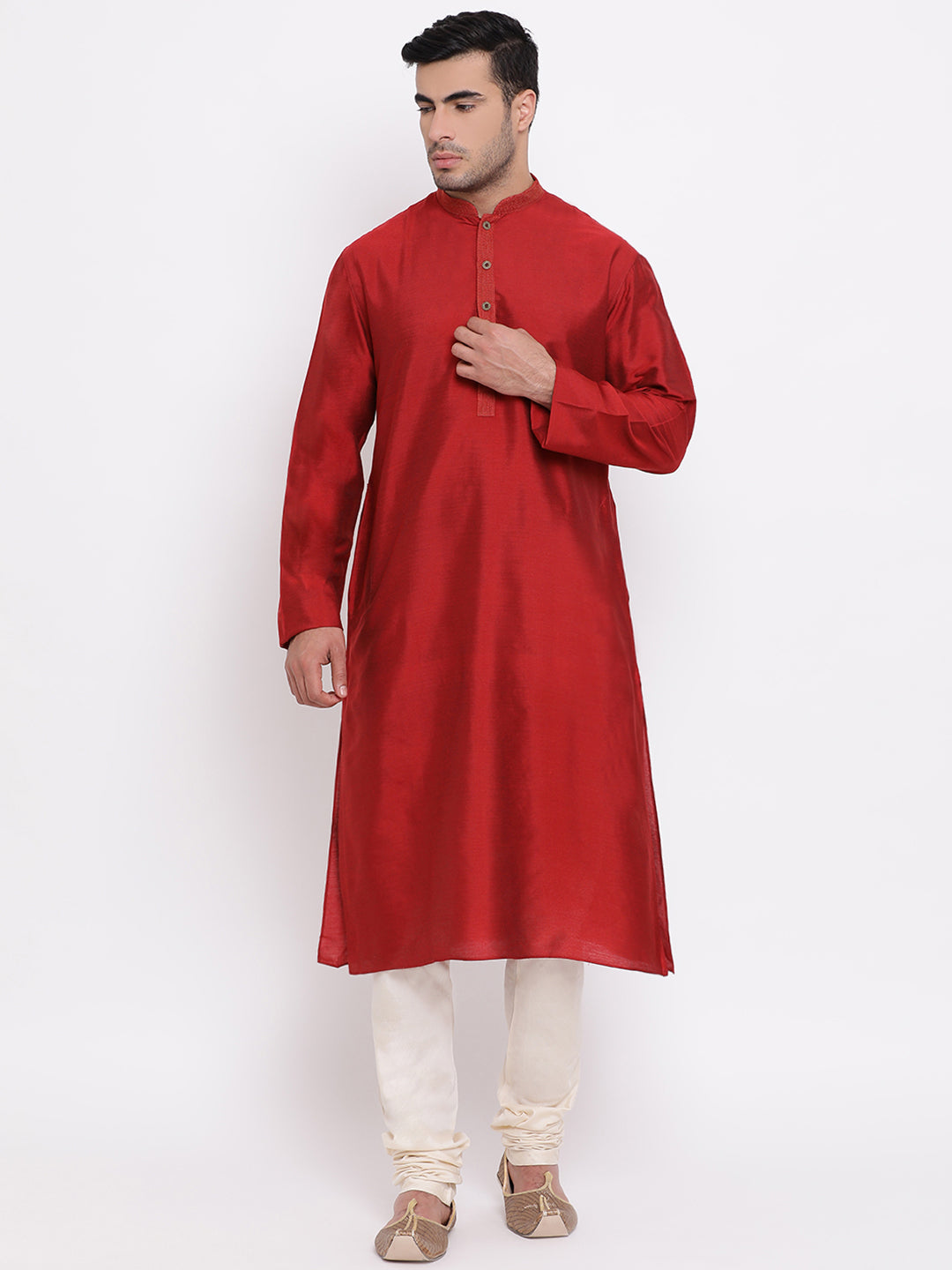Full Sleeve Solid Kurta and Churidar Set in Red Silk Blend