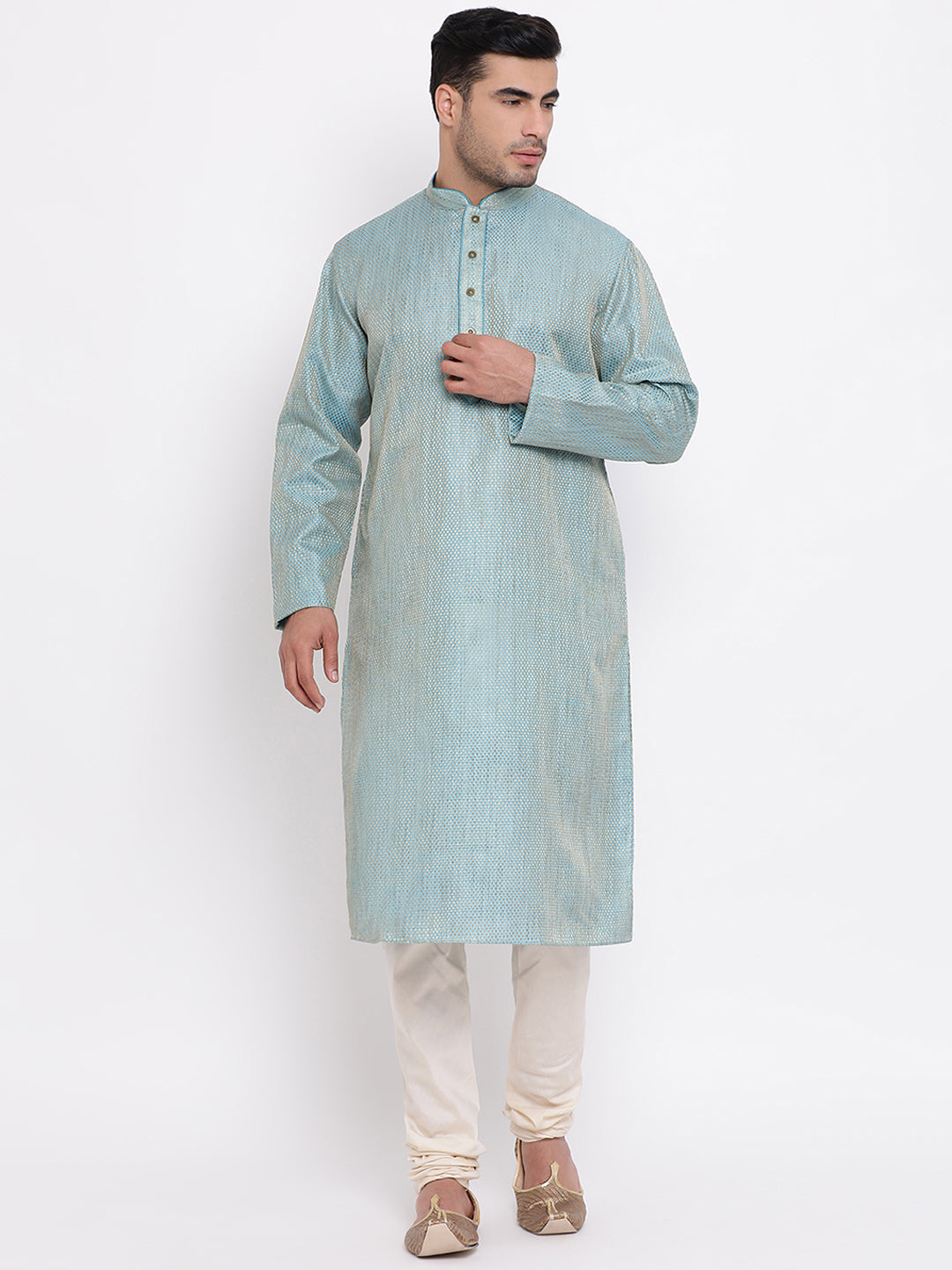 Full Sleeve Self Design Kurta and Churidar Set in Blue Jacquard
