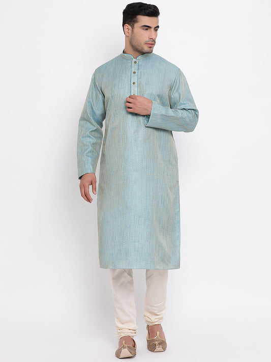 Full Sleeve Self Design Kurta and Churidar Set in Blue Jacquard