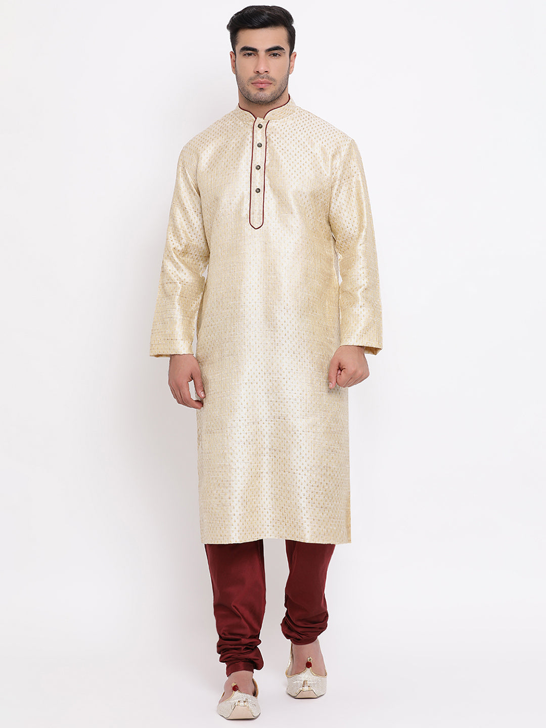 Full Sleeve Woven Kurta and Churidar Set in Beige Jacquard
