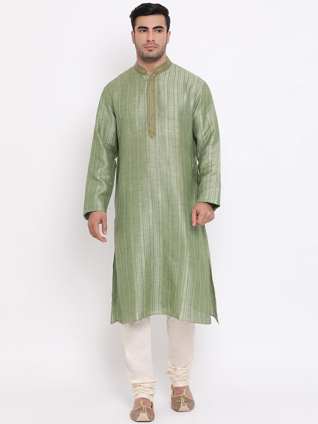 Full Sleeve Embroidered Kurta and Churidar Set in Dark Green Cotton Blend