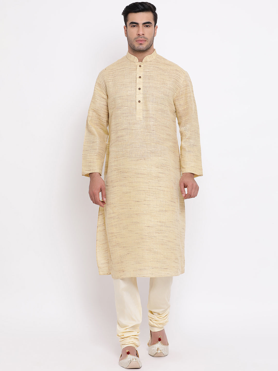 Full Sleeve Self Design Kurta and Churidar Set in Beige Khadi Cotton