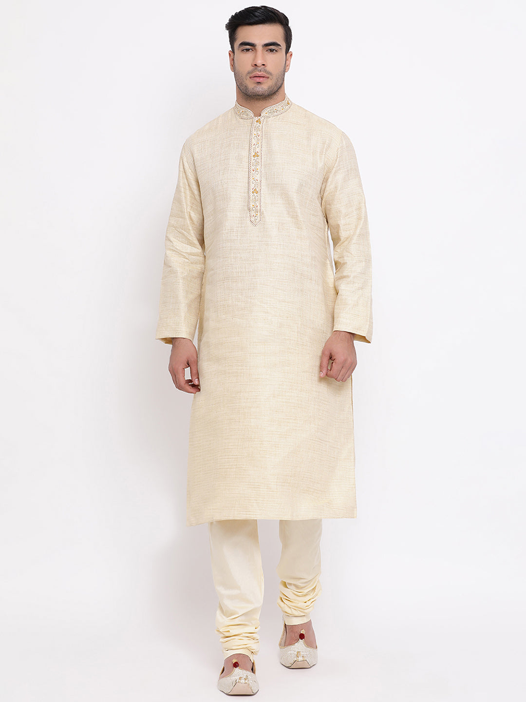 Full Sleeve Embroidered Kurta and Churidar Set in Beige Cotton Blend